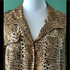 Cheetah Print Two Front Pockets Long Sleeves with Two Button Blouse